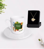 BK Gift Kişiye Özel Dünyanın En İyi Öğretmeni Türk Kahvesi Fincanı ve İsimli Papatya Kolye Hediye Seti-26 (Model 1)