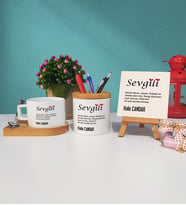 Sevgililer Günü Hediyesi Sevgili Tasarımlı Kişiye Özel Sevgililer Günü Hediyesi Ahşap Altlıklı Fincan Kalemlik ve Dekoratif Taş Baskı Hediye Seti