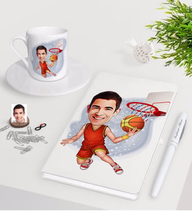 BK Gift Kişiye Özel Erkek Basketbolcu Karikatürlü Beyaz Defter Kalem Türk Kahvesi Fincanı Seti-1 (Model 1)