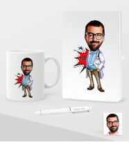 BK Gift Kişiye Özel Bay Doktor Karikatürlü Beyaz Defter Kalem Kupa Seti - 3 (Model 1)