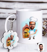 BK Gift Kişiye Özel Erkek Kebapçı Karikatürlü Beyaz Kupa ve Anahtarlık Hediye Seti-1 (Model 1)