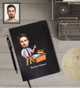 Kişiye Özel Öğretmen KarikatürlüSiyah Defter Kalem Hediye Seti  Bay-4