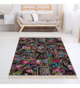 Patchwork Gül Desenli Dijital Baskı Yıkanabilir Kaymaz Taban Modern Salon Halı  (Siyah-Mavi)
