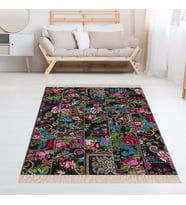 Patchwork Gül Desenli Dijital Baskı Yıkanabilir Kaymaz Taban Modern Salon Halı  (Siyah-Mavi)