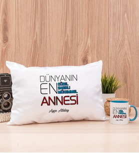 Dünyanın En İyi Annesi Dikdörtgen Yastık ve Mavi Kupa Bardak