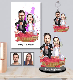 Kişiye Özel Gelin Damat Karikatürlü 3 lü Hediye Seti  Mod-4