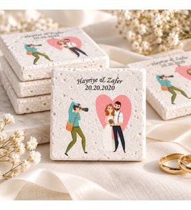 Kişiye Özel Doğal Taş Nikah Şekeri Magnet 5x5cm 30 Adet