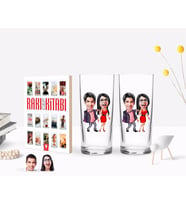 BK Gift Kişiye Özel Renkli Baskılı Sevgililer Karikatürlü İkili Rakı Bardağı ve Rakı Cep Kitabı Hediye Seti-4 (Model 1)