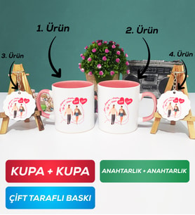 İkili Pembe Sevgiliye Sevgililer Günü Hediyesi 4 Kupa Bardak Anahtarlık