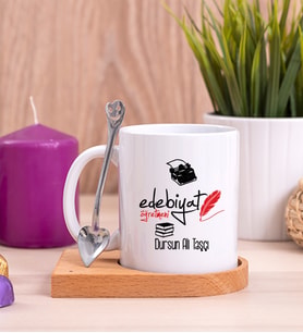 Edebiyat Öğretmeni Ahşap Altlıklı Beyaz Kupa Bardak