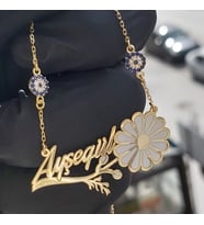 925 Ayar Gümüş 24 Ayar Altın Kaplama İsimli 2 Nazar Boncuklu Papatya Kolye (Gold)
