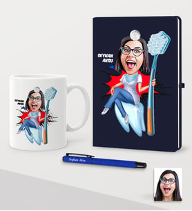 BK Gift Kişiye Özel Bayan Diş Hekimi Karikatürlü Lacivert Defter Kalem Kupa Seti - 3 (Model 1)