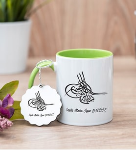 Osmanlı Tuğralı Yeşil Kupa Bardak Ve Anahtarlık Set