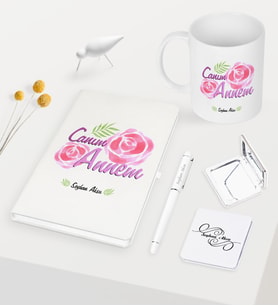 BK Gift Kişiye Özel Canım Annem Beyaz Defter Kalem Kupa Ayna Seti - 15 (Model 1)