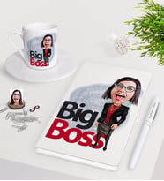 BK Gift Kişiye Özel Bayan Big Boss Karikatürlü Beyaz Defter Kalem Türk Kahvesi Fincanı Seti-2 (Model 1)