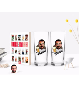 BK Gift Kişiye Özel Renkli Baskılı Erkek Karikatürlü İkili Rakı Bardağı ve Rakı Cep Kitabı Hediye Seti-51 (Model 1)