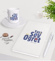 BK Gift Kişiye Özel Yaşa Sev Öğret Beyaz Defter Kalem Türk Kahvesi Fincanı Seti-2 (Model 1)