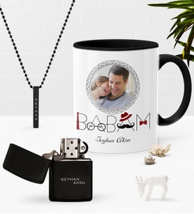 BK Gift Kişiye Özel Fotoğraflı Babam Siyah Kupa Benzinli Çakmak Kolye Seti (Model 1)