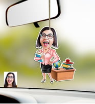 BK Gift Kişiye Özel Bayan Öğretmen Karikatürlü Ahşap Araba Dikiz Ayna Süsü-5 (Çok Renkli)