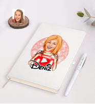 BK Gift Kişiye Özel Kadın Youtuber Karikatürlü Beyaz Defter ve Kalem Hediye Seti-1