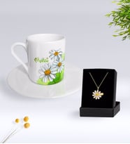 BK Gift Kişiye Özel Papatya Temalı Türk Kahvesi Fincanı Ve Papatya Kolye Hediye Seti-7 (Model 1)