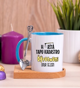 Harita Tapu Kadastro Öğretmeni Ahşap Altlıklı Mavi Kupa Bardak