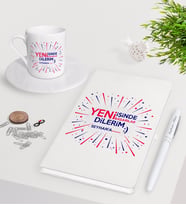 BK Gift Kişiye Özel Yeni İşinde Başarılar Dilerim Beyaz Defter Kalem Türk Kahvesi Fincanı Seti-6 (Model 1)