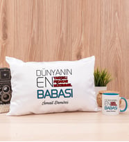 Dünyanın En İyi Babası Dikdörtgen Yastık ve Mavi Kupa Bardak