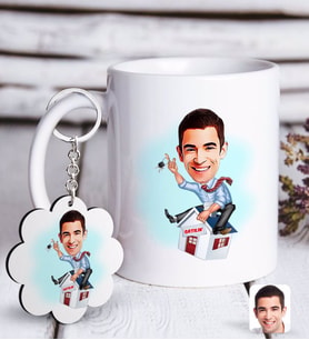 BK Gift Kişiye Özel Erkek Emlakçı Karikatürlü Beyaz Kupa ve Anahtarlık Hediye Seti-1 (Model 1)