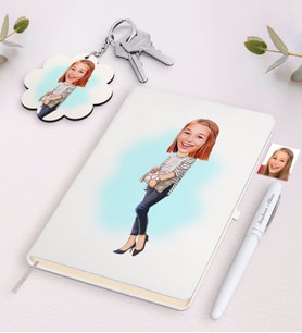 BK Gift Kişiye Özel Kadın Karikatürlü Beyaz Defter Kalem ve Anahtarlık Hediye Seti-11 (Model 1)
