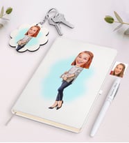BK Gift Kişiye Özel Kadın Karikatürlü Beyaz Defter Kalem ve Anahtarlık Hediye Seti-11 (Model 1)