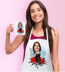 BK Gift Kişiye Özel Bayan Aşçı Karikatürlü Mutfak Önlüğü Kupa Seti - 1