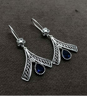 Safir Taşlı Oksitli Telkari Gümüş Bayan Küpe