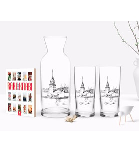 BK Gift Kişiye Özel Renkli Baskılı Kız Kulesi Tasarımlı İkili Rakı Bardağı Karaf ve Cep Kitabı Hediye Seti-2 (Model 1)