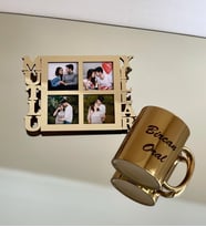 Kişiye Özel Mutlu Yıllar 4 Fotoğraf Standlı Mdf Gold Çerçeve Ve Gold Kupa Set