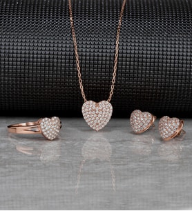 Gümüş Zirkon Taşlı " Kalp " Tasarım Kolye-Küpe-Yüzük Set (Rose)