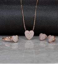 Gümüş Zirkon Taşlı " Kalp " Tasarım Kolye-Küpe-Yüzük Set (Rose)