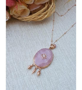 Pembe Kuvars Taşlı El Yapımı Gümüş Kolye