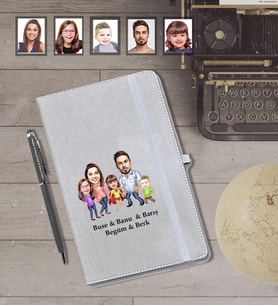 Kişiye Özel Aile Karikatürlü Gri Defter Kalem Hediye Seti   Mod-7