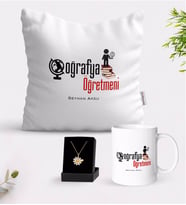 BK Gift Kişiye Özel Coğrafya Öğretmeni Beyaz Kupa Yastık ve İsimli Papatya Kolye Hediye Seti-2 (Model 1)