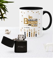 BK Gift Kişiye Özel İlk Babalar Günün Kutlu Olsun Siyah Kupa Bardak Benzinli Çakmak Seti-5 (Model 1)