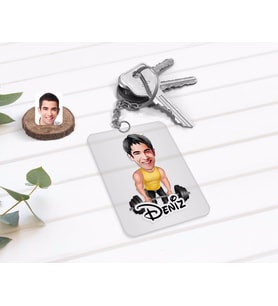 BK Gift Kişiye Özel Erkek Halterci Karikatürlü Şeffaf Pleksi Anahtarlık (Beyaz)