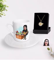 BK Gift Kişiye Özel Bayan Öğretmen Karikatürlü Türk Kahvesi Fincanı ve İsimli Papatya Kolye Hediye Seti-8 (Model 1)