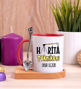 Harita Teknikeri Ahşap Altlıklı Kırmızı Kupa Bardak