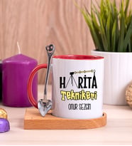 Harita Teknikeri Ahşap Altlıklı Kırmızı Kupa Bardak