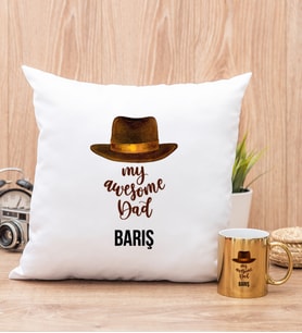 Awesome Dad Babaya Hediye Yastık ve Gold Kupa Bardak