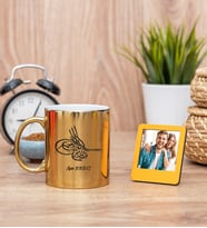 Tuğra Desenli Gold Kupa Bardak ve Sarı Mini Fotoğraf Çerçevesi