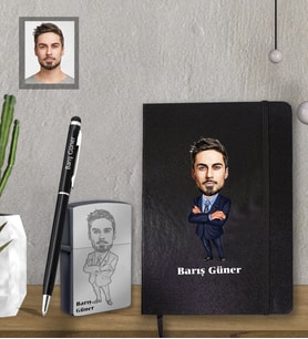 Kişiye Özel Öğretmen Karikatürlü  Siyah Defter Kalem Çakmak Hediye Seti  Bay-8 (Model 1)