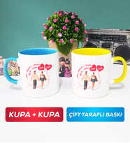 İkili Sevgiliye Sevgililer Günü Hediyesi 4 Kupa Bardak Mavi Sarı