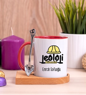 Jeoloji Mühendisi Ahşap Altlıklı Kırmızı Kupa Bardak